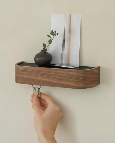 Walnut Key Holder Wall Mount with Shelf - Minimalist 6-Hook Entryway Organizer