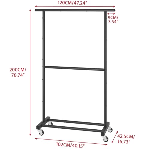 Black Double Rod Metal Clothing Rack on Wheels - 47.24" L, Portable Garment Stand with Shoe Shelf