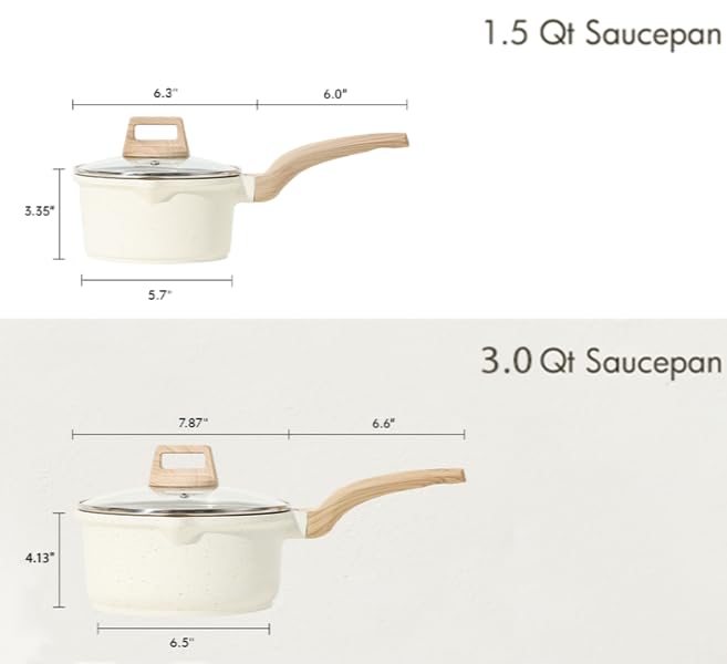 CAROTE Nonstick Saucepan Set 1.5Qt & 3.0Qt with Lid - White, Rivetless, Easy Clean