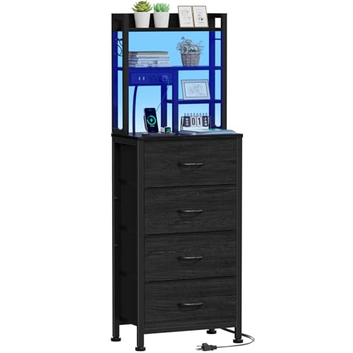 Furnulem Tall Nightstand with LED Lights, Charging Station & 4 Drawers - Black Oak, Variation 1