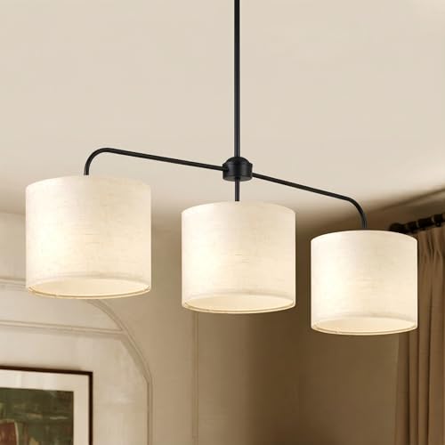 3-Light Black Linear Pendant Light with Linen Beige Drum Shades - Modern Kitchen Island & Dining Room Fixture - Scyvenra 3 Light-Black Variant