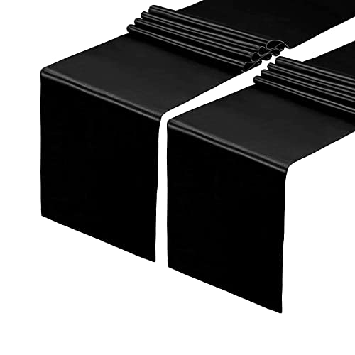 HMQIANG 2-Pack Black Satin Table Runners 12x108 Inches with Scalloped Edges - Halloween Decor