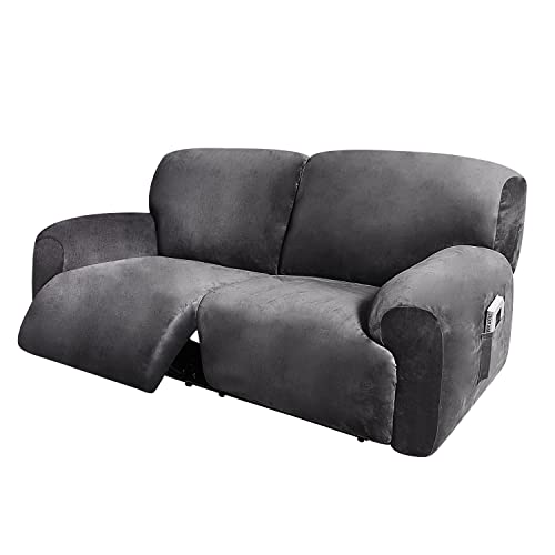 ULTICOR Dark Grey Extra Wide 75-100" 2-Seater Reclining Velvet Sofa Slipcover, 6-Piece, Washable