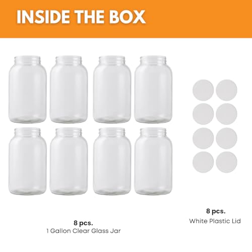 FastRack 1 Gallon Wide Mouth Glass Jars with White Plastic Lids - Pack of 8