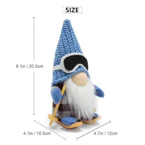 Cute Skiing Gnomes Plush Christmas Doll Gifts Handmade Knitted Ski Gnome Figurine Swedish Tomte Scandinavian Elf Dwarf Blue Winter Gnome for Home Tabletop Decor