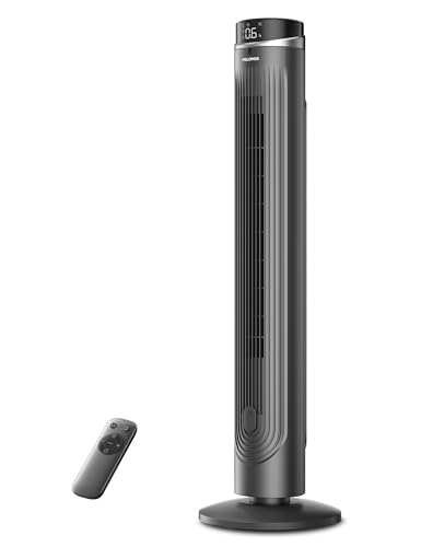 Grey Pelonis 42-Inch Tower Fan with Remote, 5 Speeds, 90° Oscillation, Eco Mode