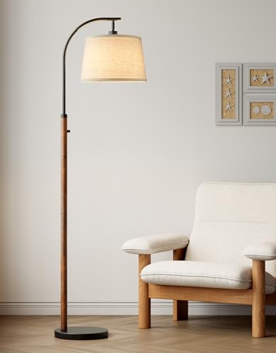 Dimmable Mid-Century Modern Arc Floor Lamp with Linen Shade - Black and Rustic Brown