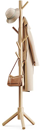 Pipishell Wooden Coat Rack with 8 Hooks - Freestanding, Adjustable Height, Natural Wood Finish