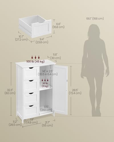 VASAGLE Farmhouse Floor Storage Cabinet with 1 Door & 4 Drawers, Cloud White, 32.3"H