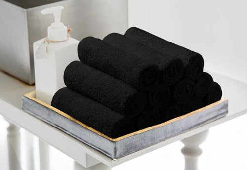 Avalon Towels Salon Hand Towels Black 16x27 Inches Pack of 24 - 100% Cotton Absorbent Spa & Gym Towels
