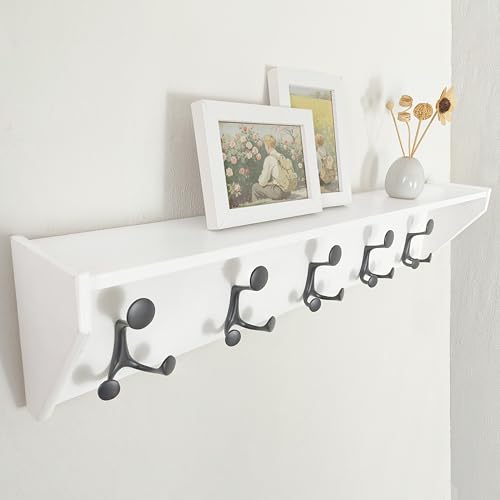 White Wall Shelf with Hooks - 35-Inch Coat Rack & Organizer with 5 Tri Hooks