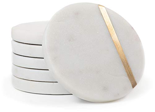 Cork & Mill Marble Coasters with Gold Brass Inlay, White, Set of 6