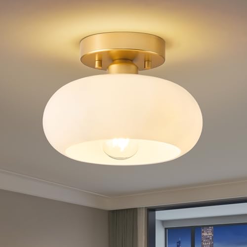 Mid-Century Modern Gold Semi Flush Ceiling Light - 8.66 Inch - White Frosted Glass