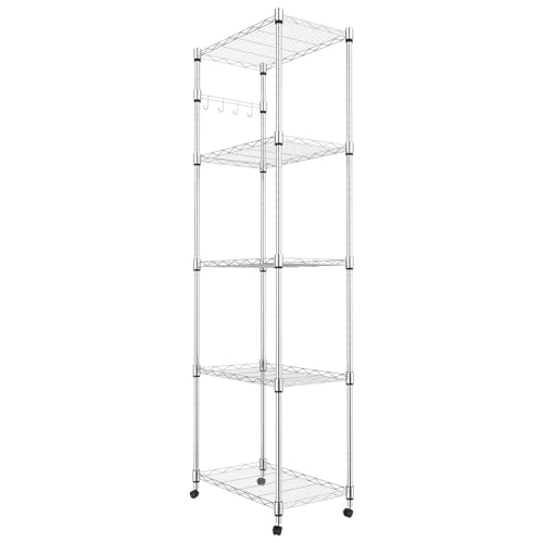 Homdox 5-Tier Steel Wire Shelving Unit with Wheels - 23.23 x 13.78 x 72.05 Inch, Silver Heavy Duty Storage Rack