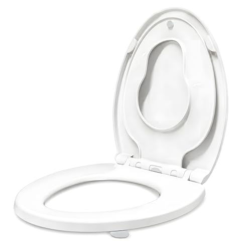 Elongated Toilet Seat with Child Seat - Soft Close & No-Touch Handle, 18.5 Inch, White
