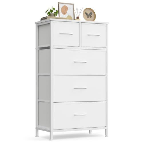 Cloud White Tall Dresser with 5 Fabric Drawers - Steel Frame & Wooden Top