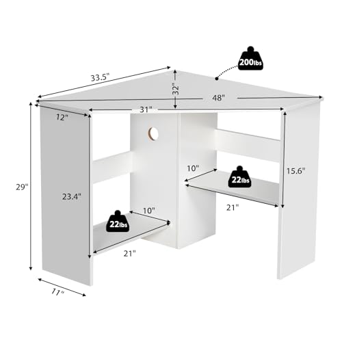 Tangkula White Corner Desk 33.5 x 33.5 x 29 Inches Space-Saving Study Table