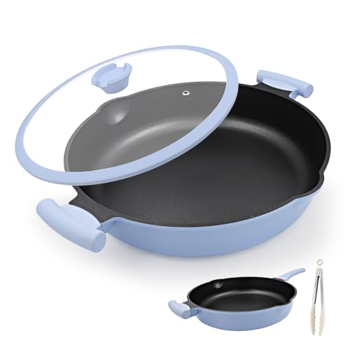 14 Inch Deep Frying Pan Skillet with Lid - Nonstick, Blue