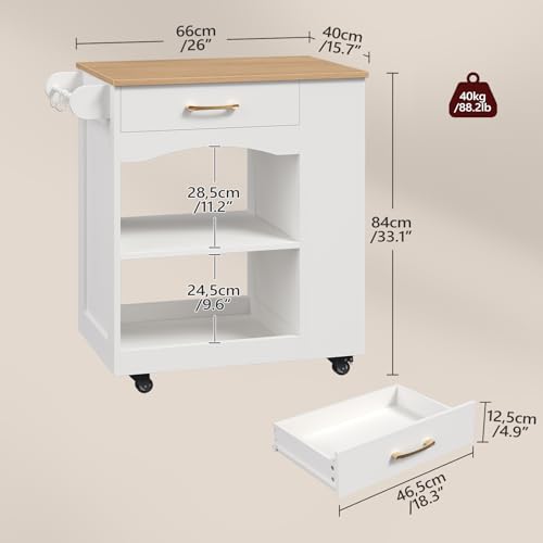 Mobile Kitchen Island Cart with Drawer and Shelves - White & Natural Finish