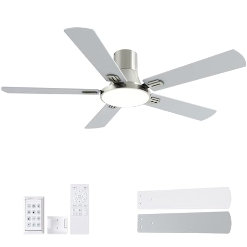 52 Inch Brushed Nickel Ceiling Fan with Lights and Remote - Flush Mount, Reversible DC Motor, Quiet & Dimmable
