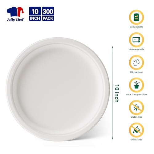 Disposable Eco-Friendly Paper Plates - Heavy Duty 10 Inch, 300 Pack, White, Compostable