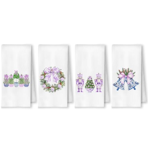 Purple Chinoiserie Christmas Kitchen Towels Set of 4 (16x24) – Grandmillennial Blue White Xmas Tree Wreath Nutcracker Bell, Variation: Purple Chinoiserie / Casual