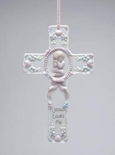 Jesus Loves Me Ceramic Christmas Ornament Cross - 5.5" Girl Decoration
