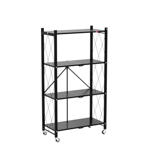 Foldable 4-Tier Metal Storage Shelves with Wheels - Large Capacity Organizer, No Assembly, Black Variation 1