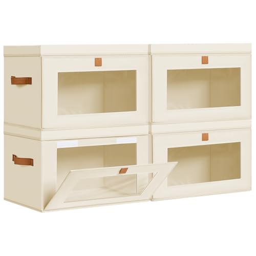 DIMJ Beige Storage Bins with Lids - 4 Pack Large Fabric Closet Organizer