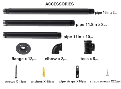 Industrial Wall Mount Pipe Shelf Brackets - 2-Pack, 5-Tier, 68" Tall Black Metal Storage Shelves