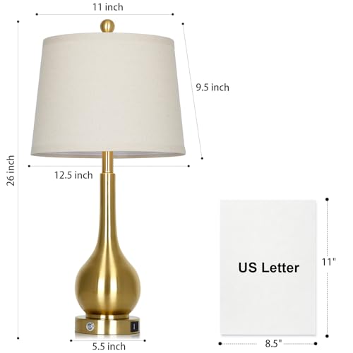 Gold 26-inch Table Lamps Set of 2 with Touch Control & USB Ports - Modern Bedside Lighting - Variation: Gold - 26H