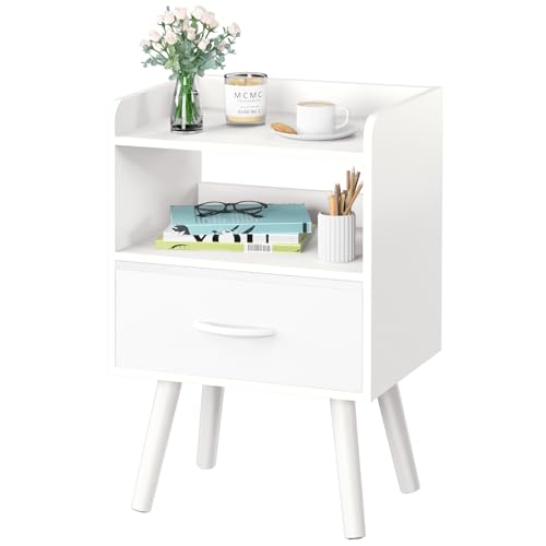 Yoobure White Modern Nightstand with Drawer & Open Shelf, 2-Tier Bedside Table