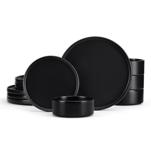 Matte Black Stoneware Dinnerware Set for 4 - 12 Pieces