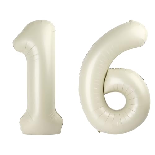 Cream Number 16 Balloon 40 inch, 16 Number Balloons, 16th Cream Birthday Decorations, 16 Year Old Girls Boys White Party Supplies