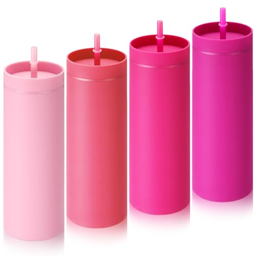 Baderke 4-Pack 16 oz Pink Skinny Tumblers with Lids & Straws - Gradient Colors