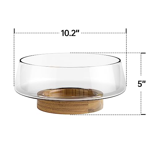 Large Glass Salad Bowl Set with Acacia Wood Base & Utensils - Elegant Kitchen Serveware