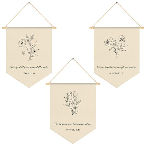 VitalCozy 3 Pcs Nursery Scripture Bible Verse Christian Botanical Decor Canvas Hanging Pennant Flag Banner Wall Sign Decor Gift for Nursery Bedroom Playroom Front Door Baby Kids Girl Boy Birthday Gift