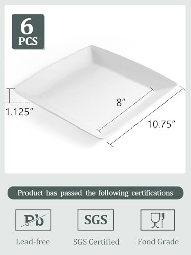 Porcelain Square Dinner Plates Set of 6 - 10.75 Inch White Serving Plates for Steak, Pasta, Salad & Snacks - Microwave & Dishwasher Safe