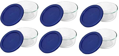 Set of 6 2-Cup Glass Bowls with Dark Blue Lids - Made in USA Food Storage