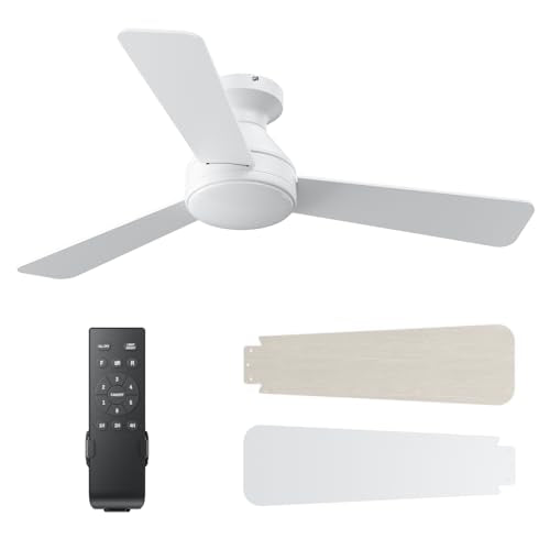 42 Inch Flush Mount Ceiling Fan with Lights and Remote - White, 3CCT, 6 Speed
