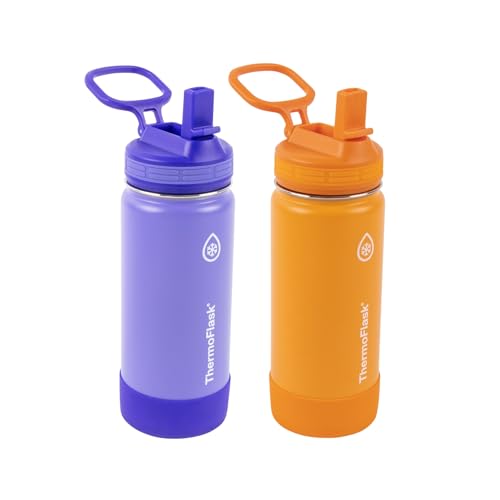 Kids Insulated Water Bottle with Straw Lid - 16 oz BPA-Free Stainless Steel, Leakproof & Spill-Proof - Purple/Orange - 2 Pack