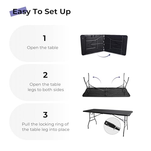 Black 6ft Folding Table - Heavy Duty Portable Utility Table with Handle