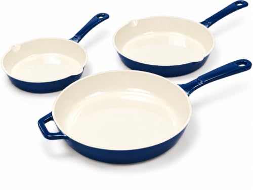 Hisencn Navy Blue 3-Piece Enamel Cast Iron Skillet Set - Nonstick Cookware