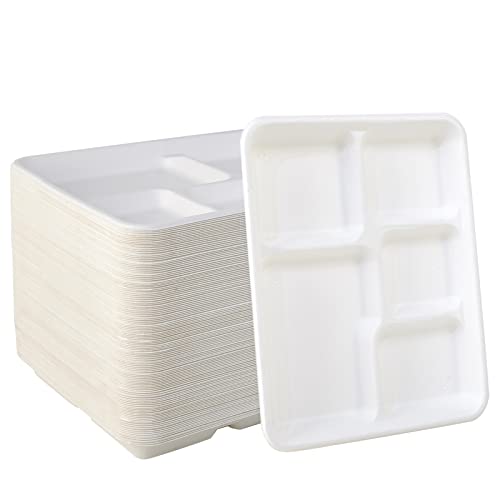 Vplus 500 Pack 5-Compartment Compostable Sugarcane Plates, 10.2x8.5 Inches — White, Eco-Friendly, Disposable Food Trays