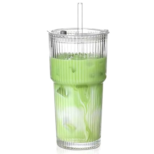 MINGHYZYA 20 OZ Iced Coffee Cup With Glass Lids and Straws,High Borosilicate Glass Tumbler Cup Reusable Wide Mouth Smoothie Cups(Clear,1cup)…