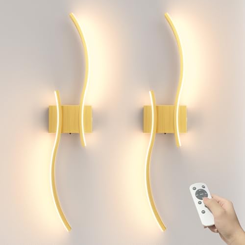 Gold 27.6 Inch Battery Operated Wall Sconces Set of 2 - Dimmable Wireless Wall Lights with Remote, Rechargeable for Living Room, Hallway, Bedroom