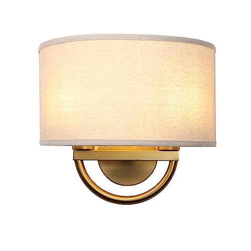 Brass Industrial Wall Sconce Fixtures with Linen Fabric Shade - Double Arm Vintage Lighting for Hallway Bedroom Living Room
