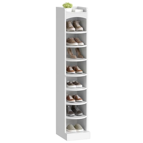 YATINEY 9-Tier Wooden Shoe Rack - White, Narrow Tall Shoe Organizer, 10.2"L x 13.4"W x 65.7"H