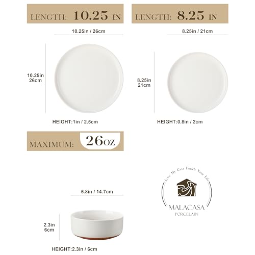 MALACASA 12-Piece White Dinnerware Set for 4 Modern Stoneware Kitchen - Series TARA