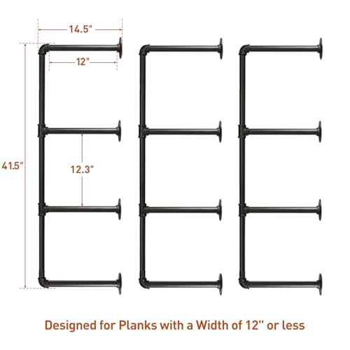 HITOMEN 3-Set Industrial Iron Pipe Shelves 4-Tier Wall-Mounted Rustic Bookcase